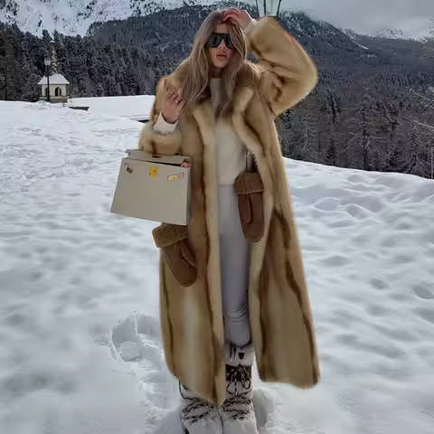 Runway Fashion Yellow Striped Maxi Long Faux Fur Coat Jacket Women Winter Brand Fluffy Fox Fur Overc