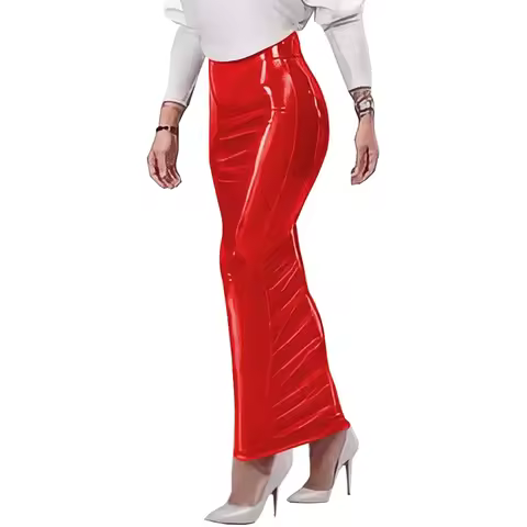 Female's Gothic Hobble Skirt Wetlook Patent PVC Leather Monochromatic Slim Fit High Waist Pencil Ski
