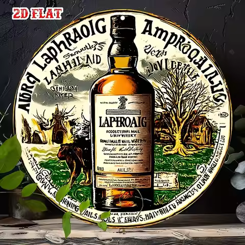 Vintage Laphroaig Whisky Metal Tin Sign - Rustic Round Aluminum Wall Art with Distillery Scene, Home