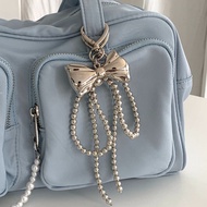 Korean Design High-grade Beaded Butterfly Chain Keychain Women Bag Pendant Ins Niche Pearl Bow Car D