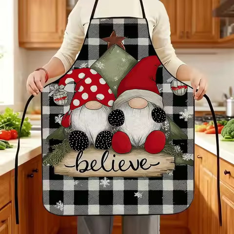 [Christmas] 1pc Large Christmas Apron with Gnome & Checkered Print - Heavy-Duty 23.62x31.5inch Adjus