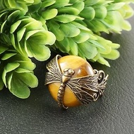 Yellow Brown Cat Eye Tiger Eye Adjustable Ring Brass Dragonfly Boho Ring Jewelry