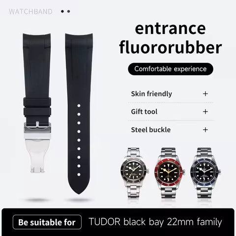 Curved End Natural Fluororubber FKM Rubber Watchband New Design 22mm For Tudor Strap Black Bay 1958 