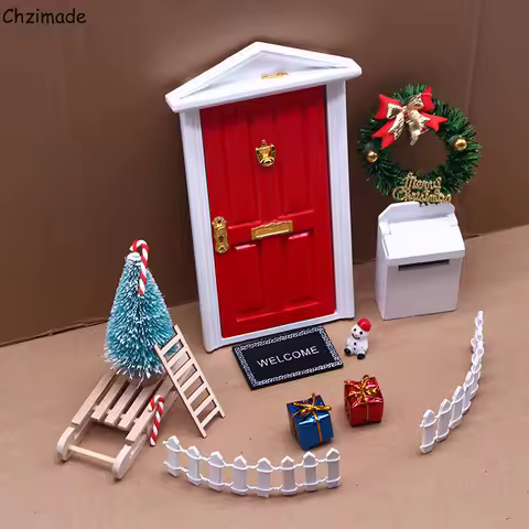 Chzimade DollHouse Elf Door Christmas Decor String Hat Wreath Mini Tree Gift Boxes Fairy Toyhouse Mi
