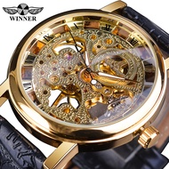 Winner Transparent Golden Case Luxury Casual Design Brown Leather Strap Mens Watches Top nd Luxury M