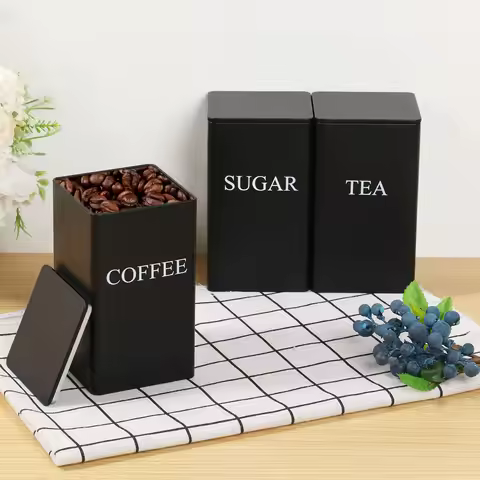 3Pcs Coffee Bean Storage Canisters Tea Sugar Vacuum Sealed Jars Iron Canisters Heat Kitchen Cream Ca