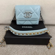 香奈兒Chanel  19經典雙C  LOGO小羊皮銀扣零錢包  湖水藍