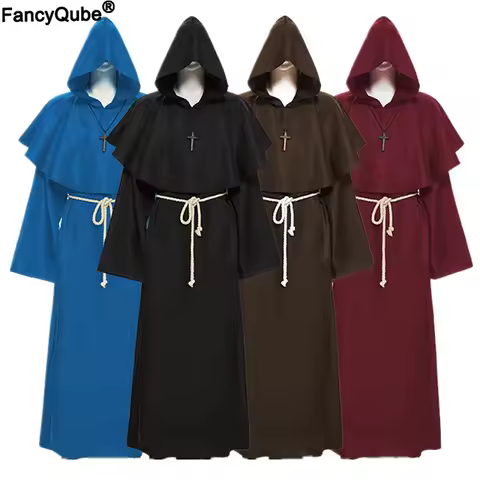 Medieval Monk Church Clergy Costume Men's Cosplay Priest Hooded Cowl Gown Robe Cape Minister Cloak H