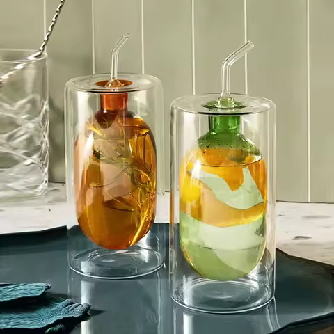 Double Glass Oil Jug Oil Tank Vinegar Jar Seasoning Bottle Olive Oil Jug Kitchen Utensils Transparen