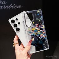 Clear Metal Camera Phone Case Cartoon Pattern of Small Fish and Black Cat For Samsung A32 A12 A03S A