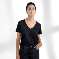 Bread & Boxers 女用優雅V領純棉T恤 - 黑