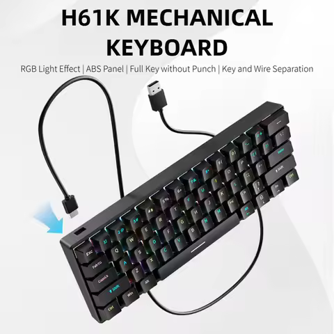 H61K USB-Type C Wired Mechanical Keyboard Red Switch RGB Backlit 61 Keys English Spanish Wired Keybo