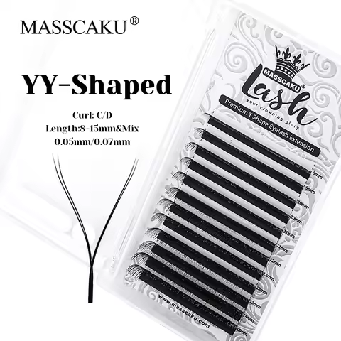 MASSCAKU 0.05/0.07mm Thickness Waterproof Hand-woven YY Shaped Lashes 3D Effect Soft Fluffy Double S