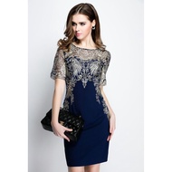 ชุดเดรส European Luxury Embroidered Dress (Dark Blue)