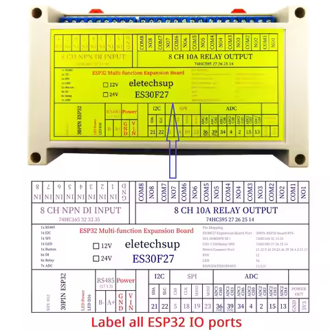 28CH 8DI-8DO-7ADC RS485 I2C SPI Multifunction Bus ESP32 Expansion Board 2.4G Wifi Relay DIY for Ardu