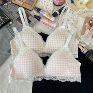 K48A Sweet Lace Plaid Bra - Breathable Fabric for Small Breasts Support
