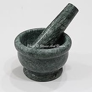 Stones And Homes Indian Green Mortar and Pestle Set Large Bowl Marble Spices Masher Stone Grinder for Kitchen and Home 4 Inch Polished Decorative Round Medicine Pills Stone Grinder - (10 x 7 cm)