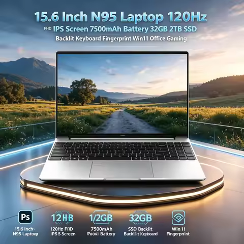 15.6" N95 Laptop 120Hz FHD IPS 7500mAh 32GB RAM 2TB SSD Backlit Keyboard Fingerprint Win11 Office Ga