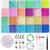 2mm Glass Beads DIY Kit - 24 Colors with Letter Beads, Stars & Moons, Elastic String for Bracelet Ne