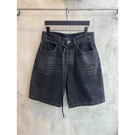 H HM6Q Acn *** ios Belt Denim Shorts Heavy Industry High Street Splash Ink Solid Color Simple Casual