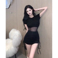 S90 KPS elastic waist bodycon dress with belly mesh