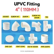 UPVC Pipe Fittings White 110mm 4" UPVC Pipe Connector UPVC Elbow 110mm 4" UPVC Tee UPVC End Cap