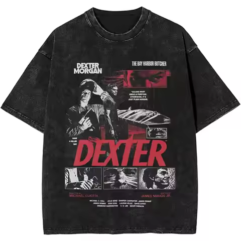 New Dexter Morgan Edition Middle Finger Retro Fashion Washed T-shirt Summer Top Cotton Men's and Wom