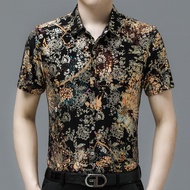 [ดูดซับเหงื่อ/ความรู้สึกเย็น]เสื้อเชิ้ตแขนสั้นผ้าไหมเย็นลายเท่ของผู้ชาย/ต่อต้านริ้วรอย/ปราศจากเหล็ก/