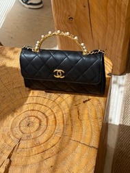 CHANEL/香奈兒23B 珍珠手柄長 kelly 金扣菱格紋鏈條小羊皮手提單肩斜挎包