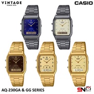 Casio Vintage AQ-230GA AQ-230GG Square Face Analog Digital Stainless Steel Band Unisex Watch Jam Tan