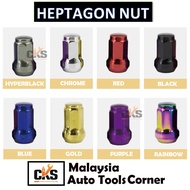 heptagon nut, wheel nut for small holes, Nut tayar, Nut tujuh segi, M12 x 1.5, M12 x 1.25, Sport rim