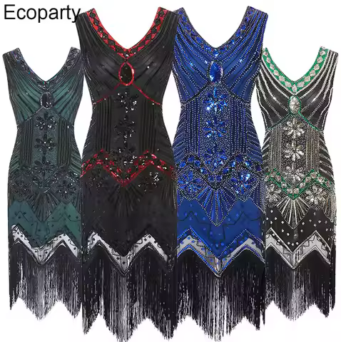Vintage Women 1920s Flapper Dresses 20s Great Gatsby Dress Summer Fancy Costumes V-Neck Cap Sleeved 