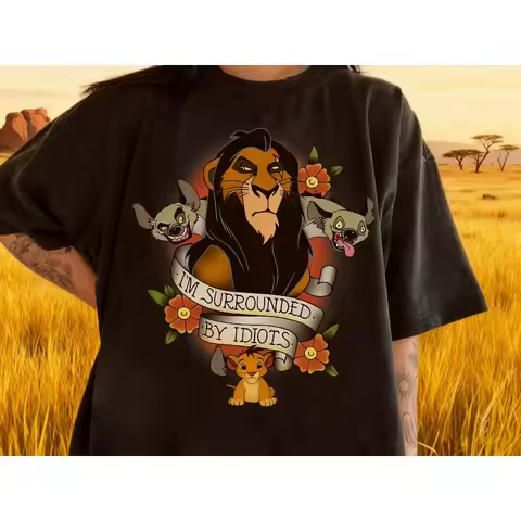 2025 Summer Disney Lion King Scar and Hyenas I'm Surrounded By Idiots 100% Cotton Printed T-shirt Di