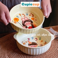 Ceramic Bowl with Handle, Eating Rice, Eating Noodles, Cute Baby Print SET007