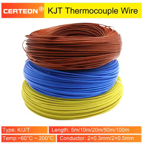 KJT Type Thermocouple Compensation Wire 2-Core PTFE Insulated 2×0.3mm 2×0.5mm High Temp for K J T Pr