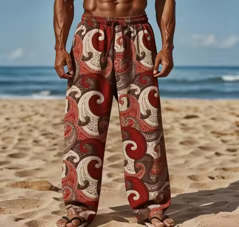 Men's Summer New Hawaiian Bohemian Style Pattern Print Straight Leg Pants Beach Casual Pants