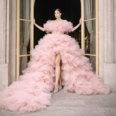 Amazing Pink Fluffy Tiered Tulle Bridal Dresses Lace Up Back Puffy Long Tutu Women Formal Dresses Co