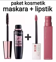 Paket Kosmetik Maybelline 1 Paket 2in1 / Maskara Maybelline HyperCurl Waterproof + Lipcream Maybelli
