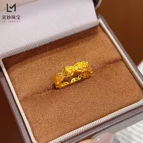 24K Gold Pixiu Copper Coin Open Ring Women's AU999 - Exquisitely carved 3D pixiu design, suitable fo
