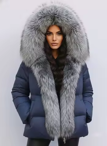Hooded Puffer Jacket for Women, White Duck Down Coat, Super Large, Real Silver Fox Fur Collar, New F