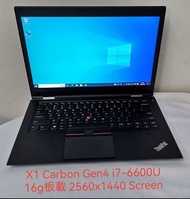 X1 Carbon Gen4 i7 Lenovo ThinkPad 14" i7-6600U 16g板載 ram 512g SSD 2560x1440