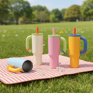 Cute Aesthetic Double-Wall Tumbler, 1200ml Glass Cup with Handle, 316 Stainless Steel Lid & Straw, P