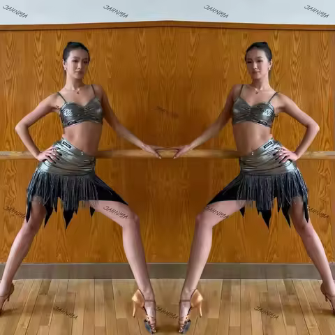 Silver Latin Dance Costumes Women Irregular Tops Fringed Skirt Performance Competition Dresses Adult