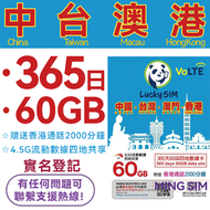 Lucky - 【中國/台灣/澳門/香港】365日 四地共用60GB高速丨數據卡 上網咭 sim卡丨網絡共享 實名登記 方便快捷