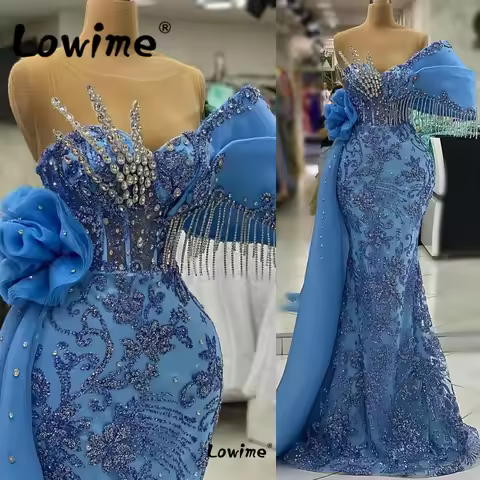 Luxury Blue Celebrity Dresses Red Carpet Party Dress 2023 Couture Tassel Crystals Evening Gowns Wome