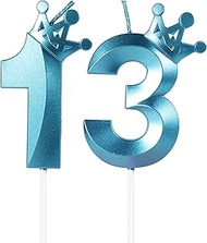 Blue Birthday Candles Number 13 Candle, Happy 13th Birthday Cake Topper, 3D Crown Number Candle Birt