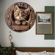 1pc Wooden Cat Theme Round Wall Clock - Farmhouse Style Silent Non-Ticking, Cute Kitty & Welcome Sig