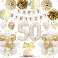 50th Birthday Decorations for Women Men, Sand Gold White Birthday Balloons Happy 50th Banner Cake To