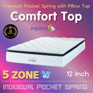Ready Stock - Queen Size - Perfecta Comfort Top 5 Zone Pocket Spring with Pillow TOP 12 Inch Mattress