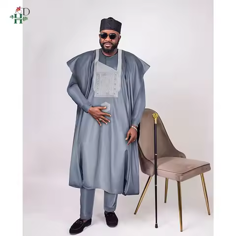 H&D African Top And Pant 3 PCS Sets For Men Embroidery Gray Africa Daily Wear Traditional Wedding Pa